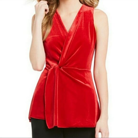 NWT H Halston Red Velvet Sleeveless Surplice Twist Top Blouse Large - Picture 1 of 12